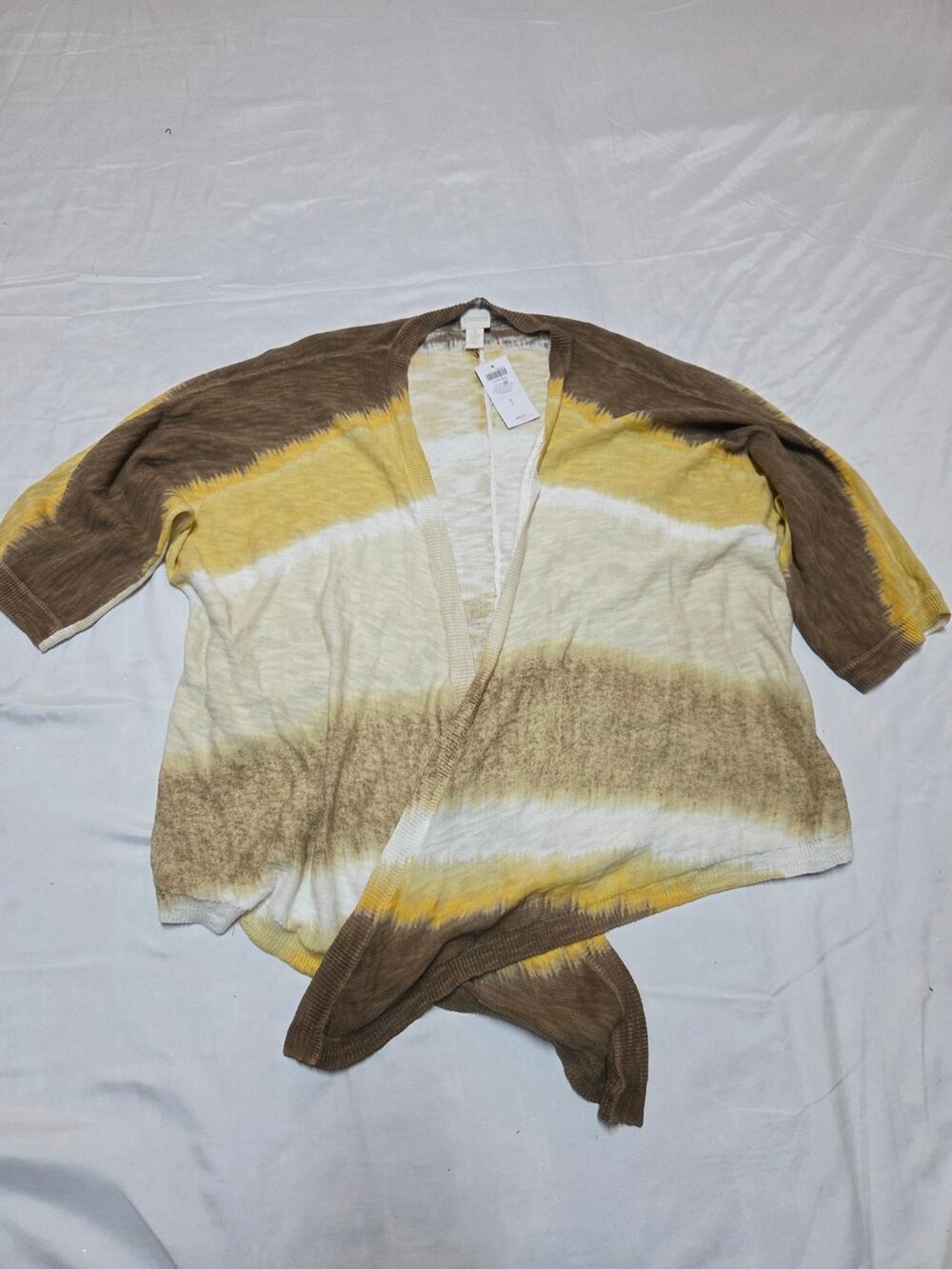 Chico's Yellow, Cream & Brown Striped Open Cardigan